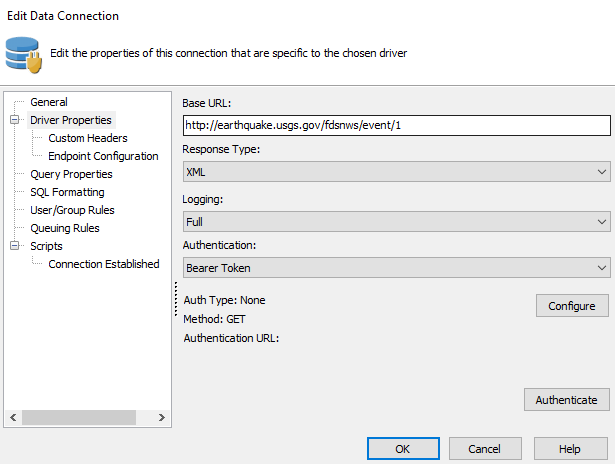 The Edit Data Connection screen, where Bearer Token authentication can be selected from the Authentication drop-down.